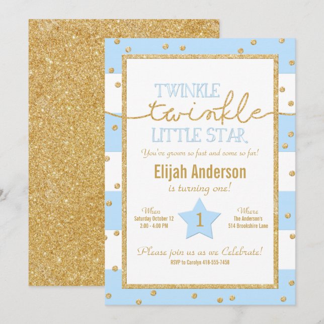 Twinkle Blue e Dourado Convite de Aniversário (Frente/Verso)