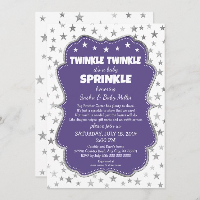 Twinkle Twinkle Baby Sprinkle convites roxos (Frente/Verso)
