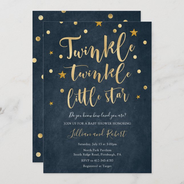 Twinkle Twinkle Little Star Chá de fraldas convite (Frente/Verso)