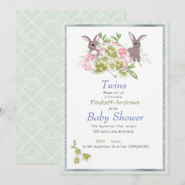 Twins Mint Floral Bunny Chá de fraldas Convite