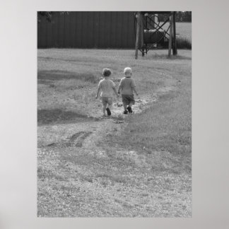 twins walking black and white poster