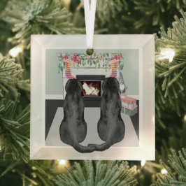 Two Black Labrador Dogs Christmas Fireplace Scene