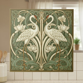 Two Cranes Art Nouveau Pat#10 Olive Ivory ID1193