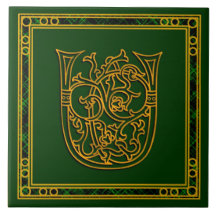 U Monograma "Irlandês Dourado em Verde" Azulejo ce