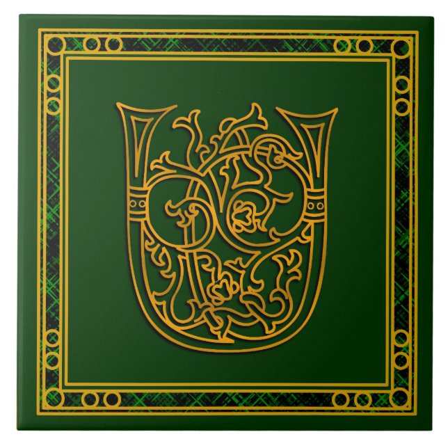 U Monograma "Irlandês Dourado em Verde" Azulejo ce (Frente)