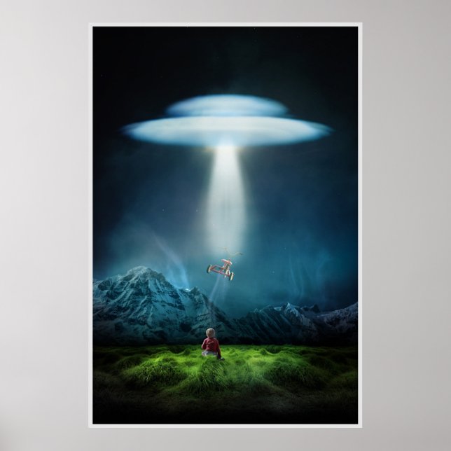 ufo e criança no campo à noite em poster (Frente)