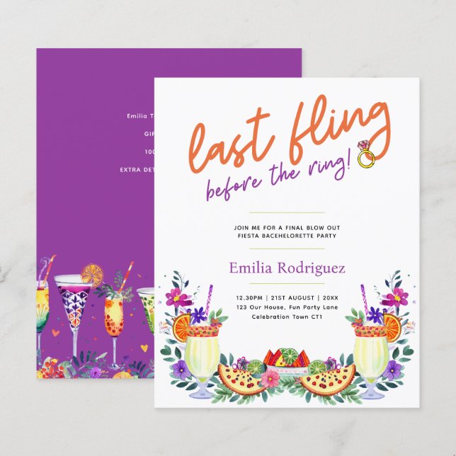 Última Fling Fiesta Cocktails Tacos Bachelorette (Frente/Verso)