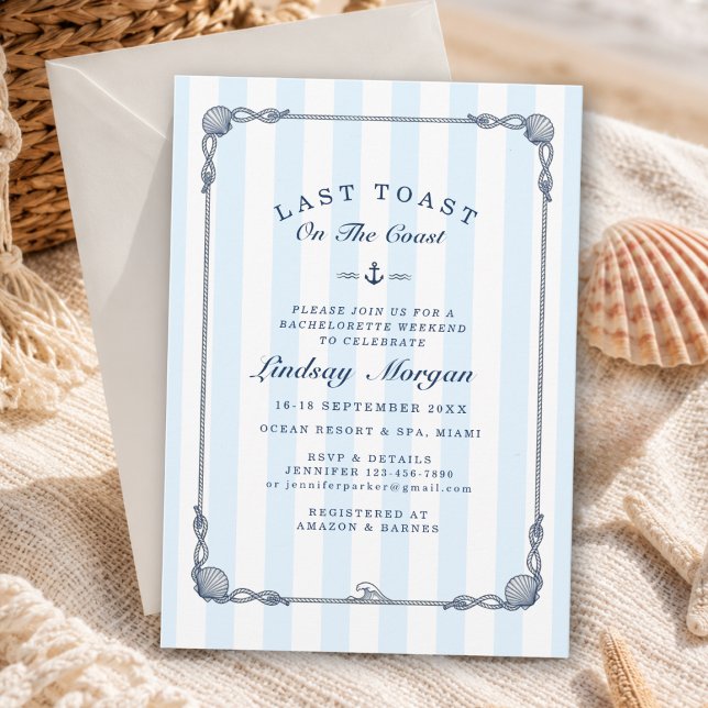 Último brinde na costa! Convite de despedida de so (Last Toast on the Coast! Bachelorette Stripe Invitation)