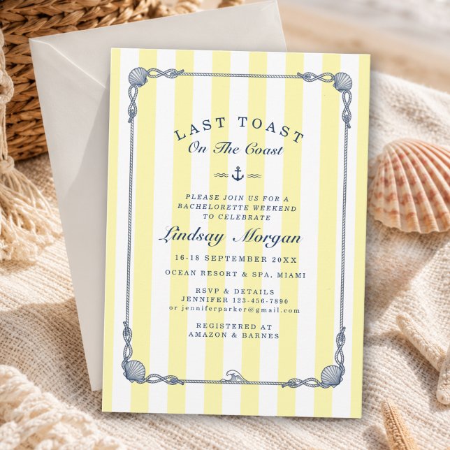 Último brinde na costa! Convite de despedida de so (Last Toast on the Coast! Bachelorette Stripe Invitation)