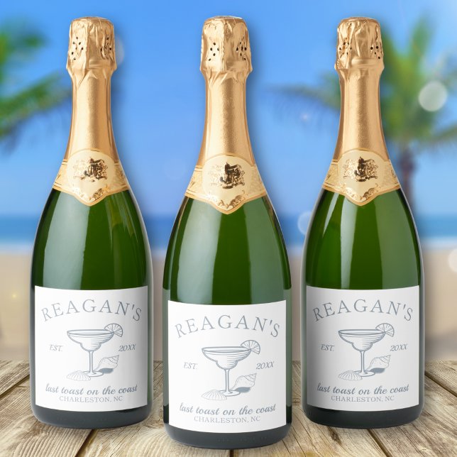 "Último brinde na costa" Festa de solteira de prai ("last toast on the coast" champagne sparkling wine label bachelorette party girls weekend beach)