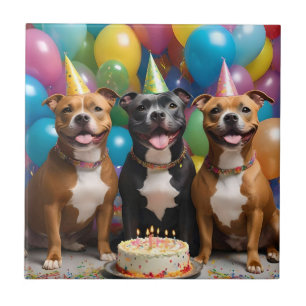 Um Aniversário Staffy Muito Feliz Com Bolo,