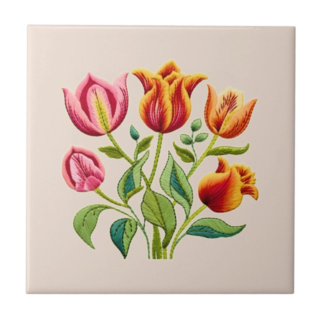 Um Azulejo Cerâmico com um Buquê de Tulipas Vermel (Frente)