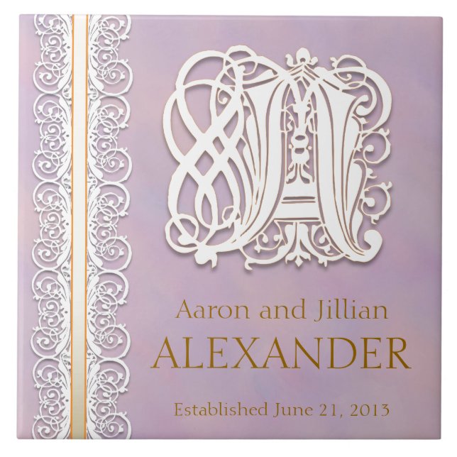 Um Azulejo de Casamento Monograma "Lace Branco na  (Frente)