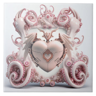 Um azulejo de polvo cor-de-rosa com coração no cen