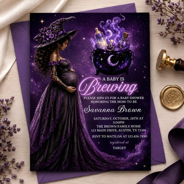 Um Bebê Está Sendo Preparado Convite de Chuvada de (Enchant your celebration with this elegant A Baby Is Brewing witch baby shower invitation. ⭐)