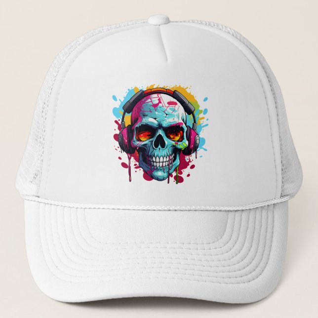 Um Boné Trucker de DJ POP ART CRÂNIO (Frente)