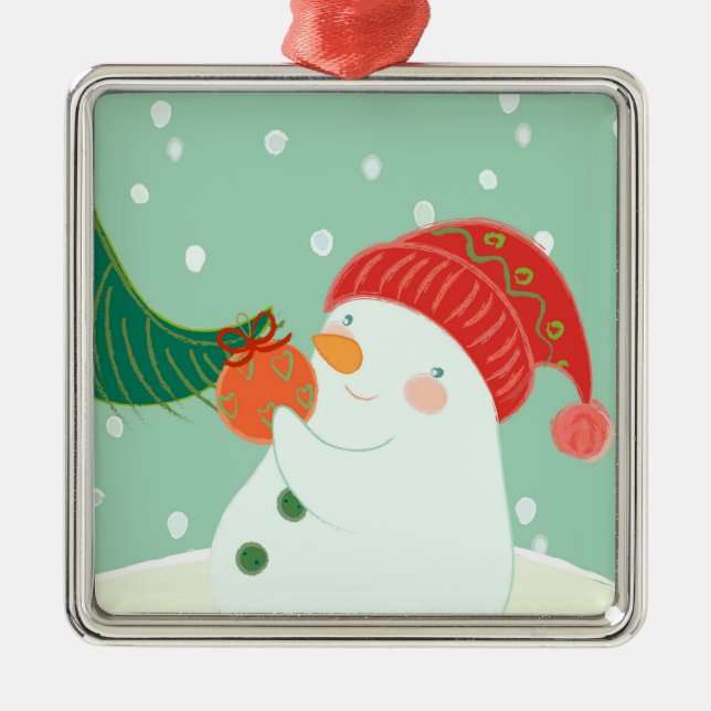 Um boneco de neve que pendura um ornamento em uma (Frente)