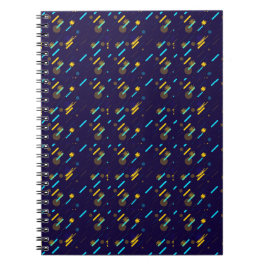 Um caderno espiral com capa azul escura 