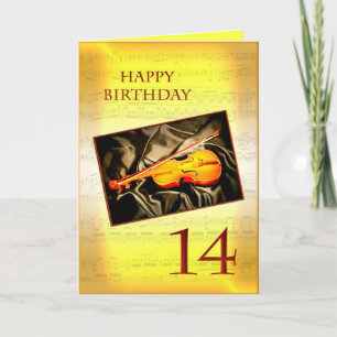 Um cartão musical de aniversário de 14 com violino