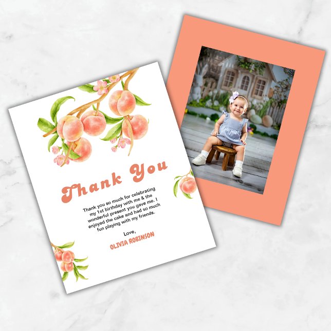 Um Cartões de agradecimentos de Fotografia de prim (Budget One Sweet Peach 1st Birthday Photo Thank You Card )