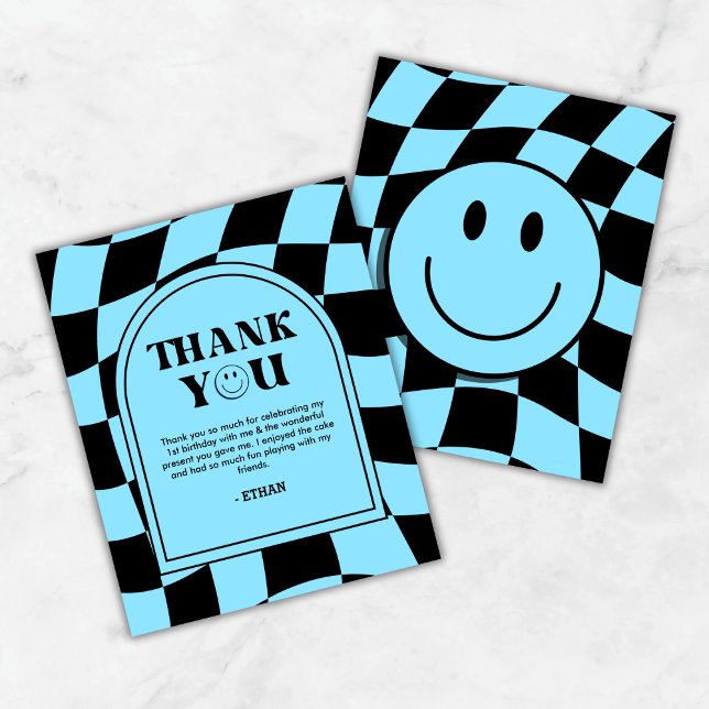 Um Cartões de agradecimentos primeiro aniversario  (Budget One Happy Dude Blue Boy 1st Birthday Thank You Card  )