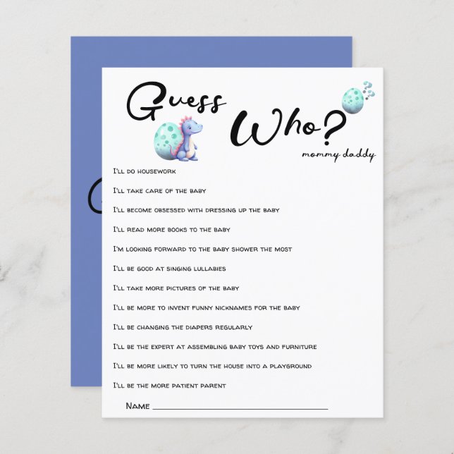 Um Chá de fraldas De Dinossauro Bonito Adivinha Qu (Frente/Verso)