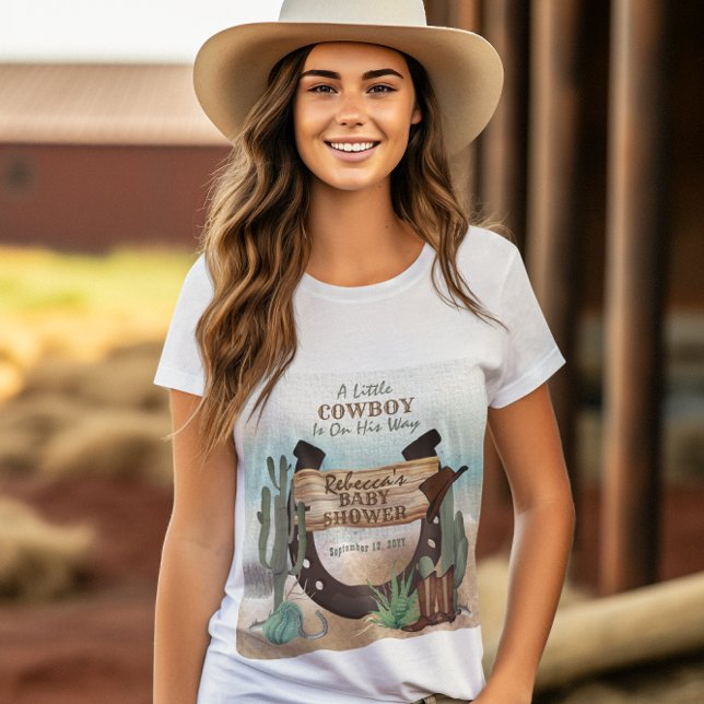 Um Chá de fraldas de Garoto Ocidental Pequeno (Rustic Western Boy Baby Shower T-Shirt -- "A Little Cowboy Is On His Way" Collection)