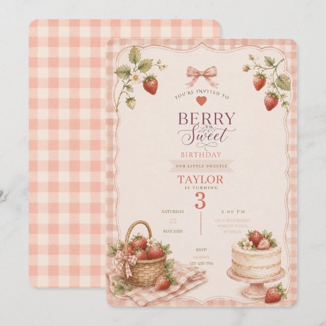 Um Convite de Aniversário Berry Doce (Frente/Verso)