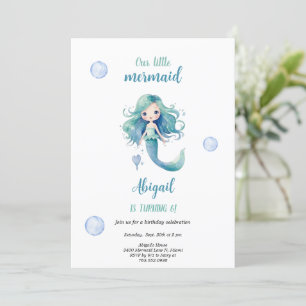 Um convite de aniversário de sereia azul-aquarela