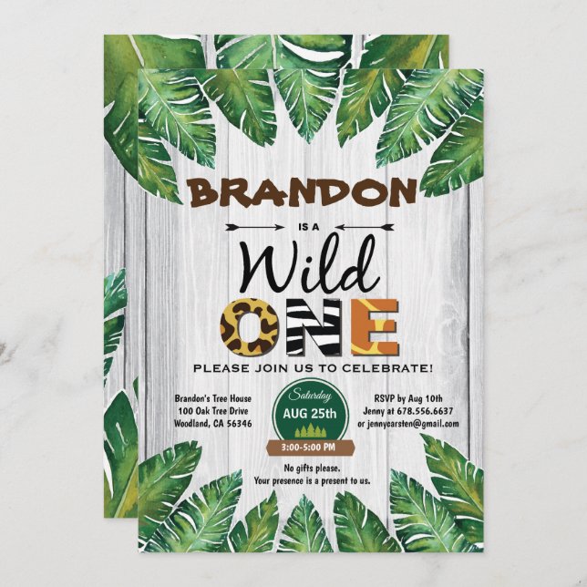 Um convite de aniversário. Tema da selva (Frente/Verso)