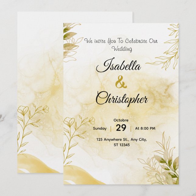 Um convite de casamento luxuoso em dourado elegant (Frente/Verso)