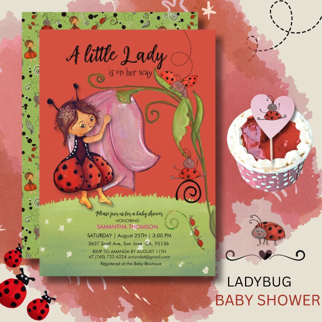 Um Convite de Joaninha Vermelha para Uma Pequena S (A Little Lady is on Her Way Red Ladybug Invitation)