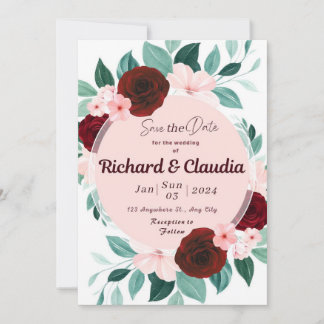 Um convite decorado com rosas vermelhas e rosa