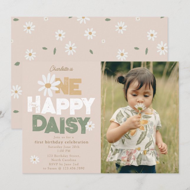 Um Convite Feliz Daisy 1º Primeiro Aniversário Fot (Frente/Verso)