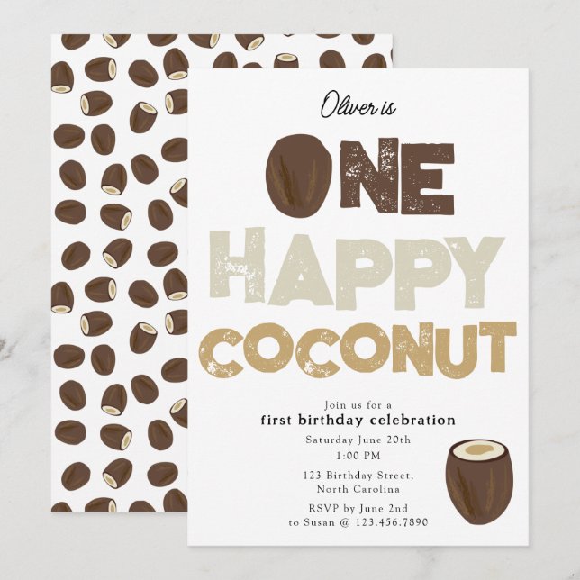 Um Convite Feliz de Coco para 1º Aniversário de Ve (Frente/Verso)
