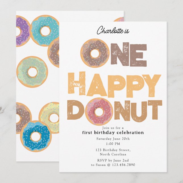 Um Convite Feliz de Donut para 1º Aniversário Fofa (Frente/Verso)
