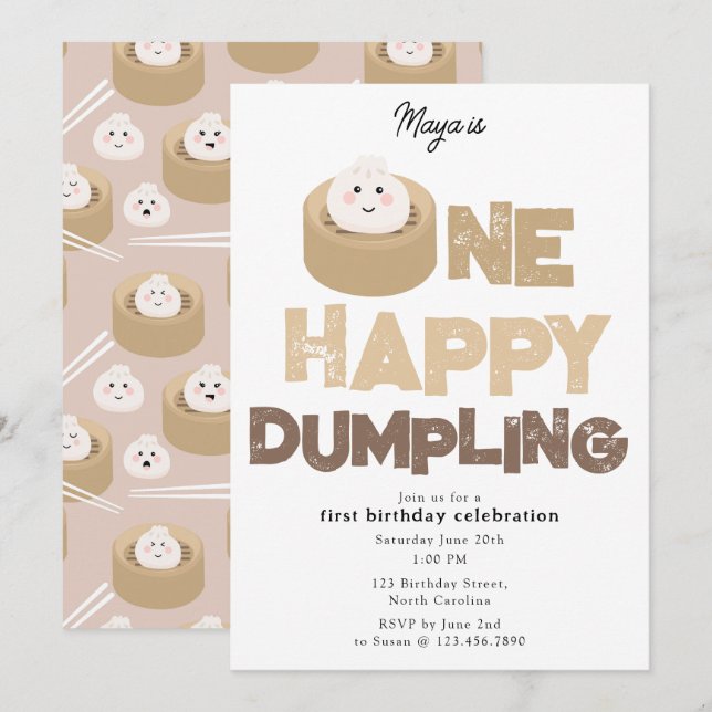 Um Convite Feliz de Dumpling para 1º Aniversário F (Frente/Verso)