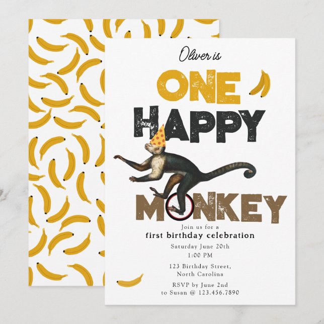 Um Convite Fofo de Macaco Feliz para 1º Primeiro A (Frente/Verso)