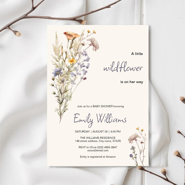 Um convite para chá de fraldas para uma menina de  (A Little Wildflower Girl Baby Shower Invitation – Boho Floral Pink & Beige Design)