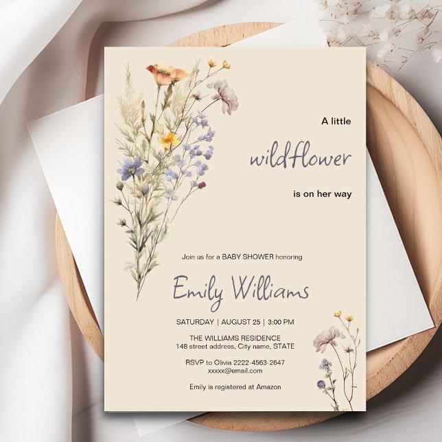 Um convite para chá de fraldas para uma menina de  (A little wildflower elegant rustic boho watercolor baby shower invitation, baby in bloom)