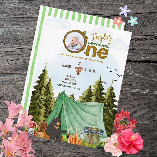 Um convite para fotos do primeiro aniversario de c (One Happy Camper 1st Birthday Photo Invite)