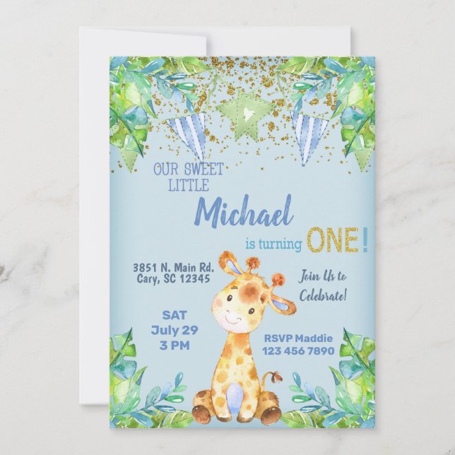 Um convite para primeiro aniversario de girafa azu (Frente)