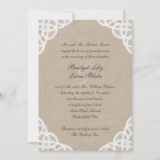 Um Convite Rustic Lace & Burlap De Casamento (Frente)