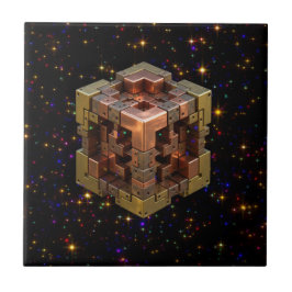 Um Cubo Fractal Metálico Com Explosões de Estrelas