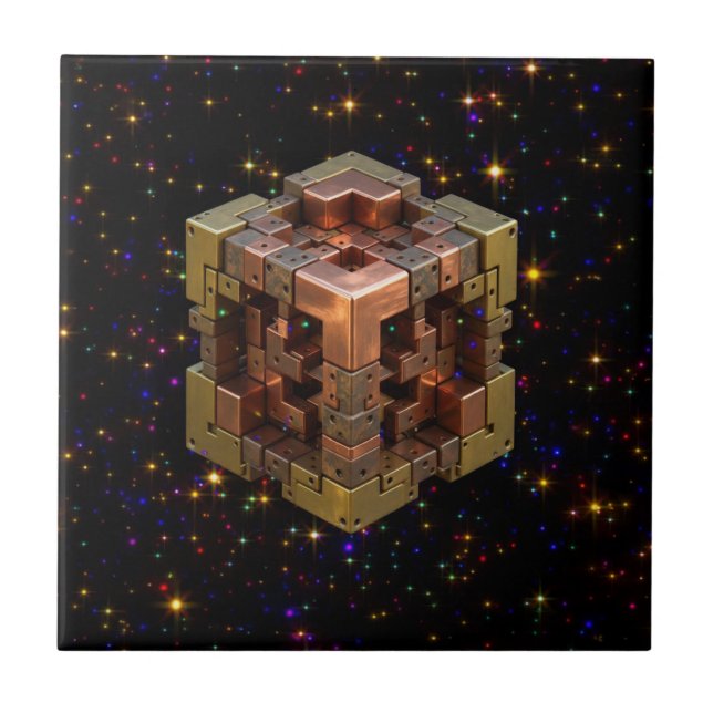 Um Cubo Fractal Metálico Com Explosões de Estrelas (Frente)
