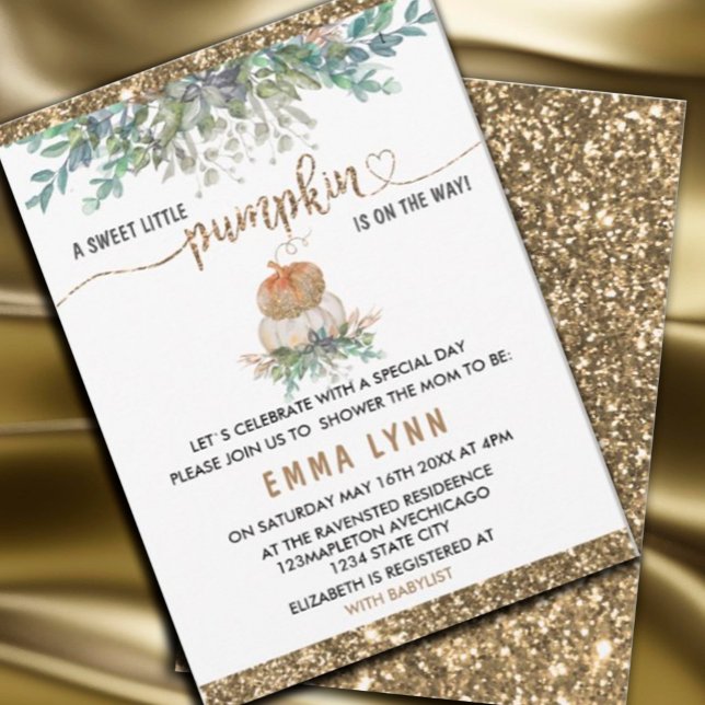 Um Dourado Convite Para Chás de fraldas De Abóbora (#zazzlemade #pumpkingolg #whitepumpkin #babyshowerinvitation #pumpkinbabyshower #autumnbabyshower #f)