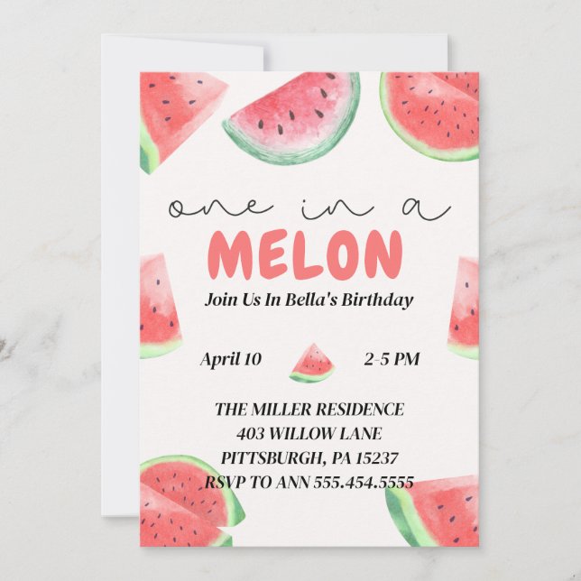 Um em um Convite à Aniversário Melon Watermelon (Frente)