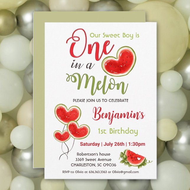 Um Em Um Convite Para primeiro aniversario Melon (One in a melon 1st Birthday invitation. Available also in pink for a girl :))