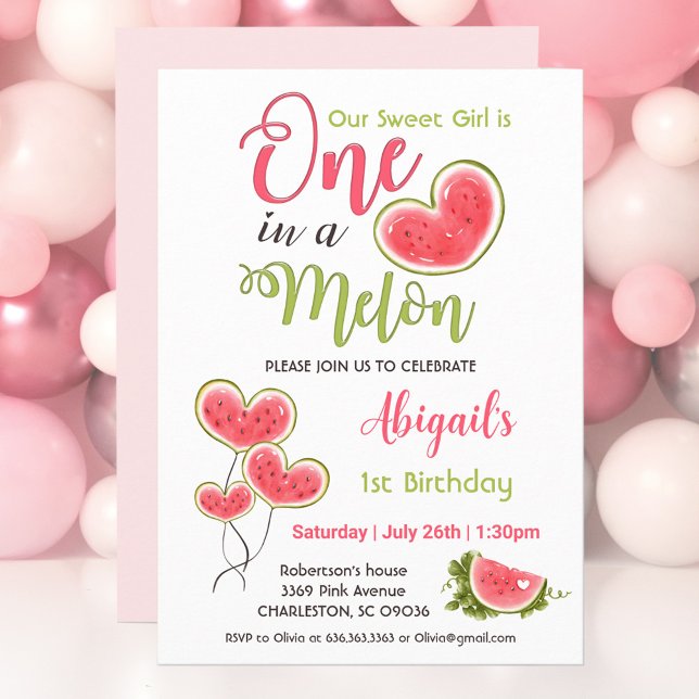 Um Em Um Convite Para primeiros aniversarios Rosa  (One in a melon girls' 1st Birthday invitation in pink, white and green, watermelon in heart shape,)