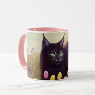 Um Gato Preto Dicas Através Das Tulipas - Caneca